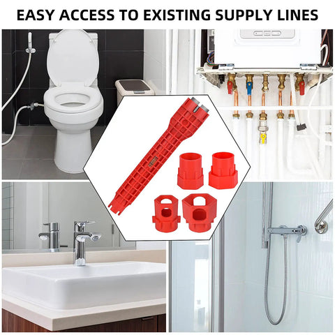 All In One 14 In 1 Sink Wrench Kit For Toilet Faucet And Kitchen Plumbing Installations And Repairs Handy Everyday Multifunctional Tool For Nuts Valves Strainers And Pipes Pro Grade shown with plumbing fixtures.