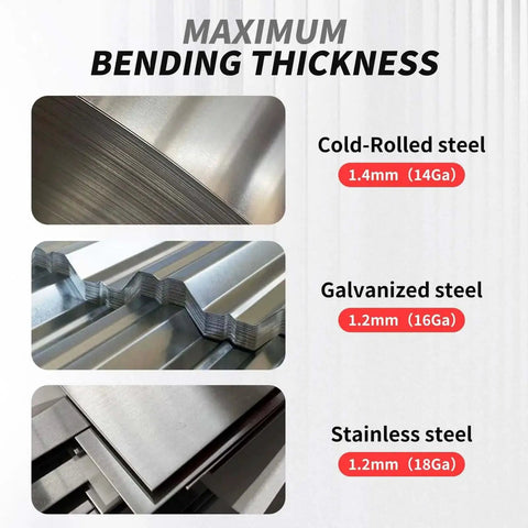 Image of bending thickness for cold-rolled, galvanized, and stainless steel with 15.25 Inch Metal Sheet Bender specifications