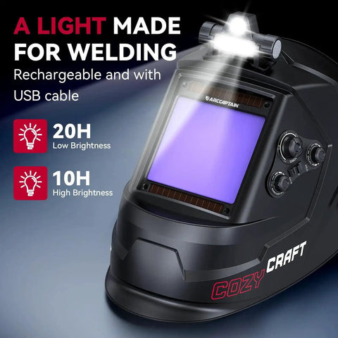 Large View Auto Darkening Welding Helmet With LED Light and Solar Powered Hood with controls and viewing panel