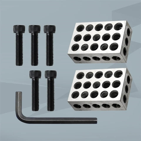 Pro Grade Ultra Precision Pair Of Parallel Blocks Set With 23 Holes And 0.0001 Inch Tolerance, 1 By 2 By 3 Inch Steel V Blocks, Includes Sturdy Case And Hex Screws, Built Tough For Accurate Milling And Holding Parts By Yunnergo, featuring blocks, screws, and wrench.