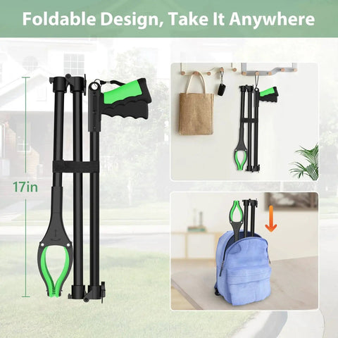 52-Inch Extra Long Grabber Reacher Tool With Foldable Design VerdiNex Magnetic Pickup And 360 Degree Rotating Anti-Slip Jaw folded to 17 inches, hanging on a wall and fitting inside a backpack.