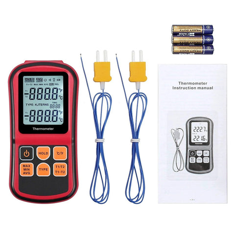 Kamtop digital thermometer with two K-type probes; red handheld unit with backlit LCD, batteries and manual.
