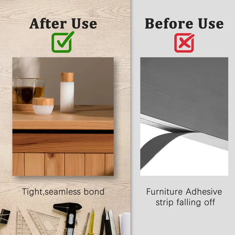 Edge Banding Iron With LCD Display For Furniture Edges And Models in use showing seamless bond and adhesive strip falling off edge.