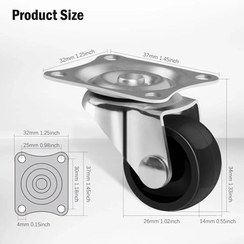 Side view of Low Profile Plastic Caster Wheels Set Of 4 1 Inch Black, showing dimensions and swivel design for furniture and equipment.