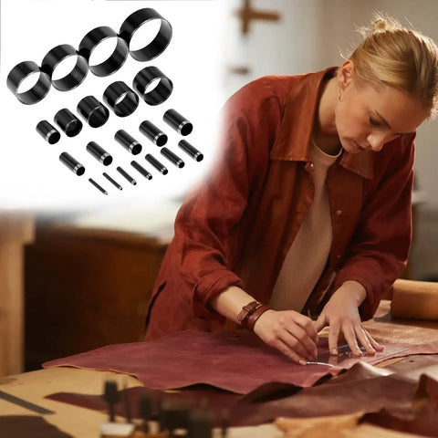 Person using Leather Circle Cutter Tool Set With 21 Piece Pro Grade High Carbon Steel Punch Kit for precise cuts in leather.