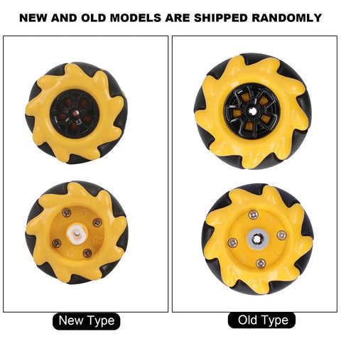 New and old models of 48mm omnidirectional mecanum wheels for DIY robot car kits in yellow and black.