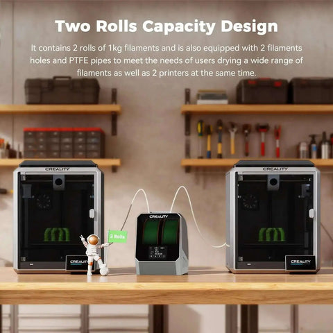 Space Pi Filament Dryer Plus with two 3D printers, showing dual 1 kg spool capacity and 360° hot-air drying feature.