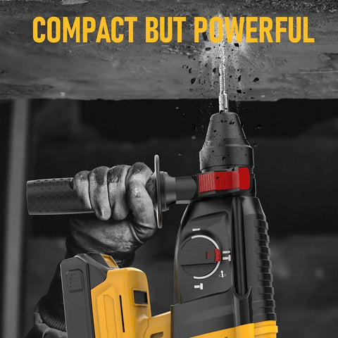 Cordless SDS Plus Rotary Hammer Drill with Brushless Motor, Safety Clutch, drilling into concrete surface, battery not included