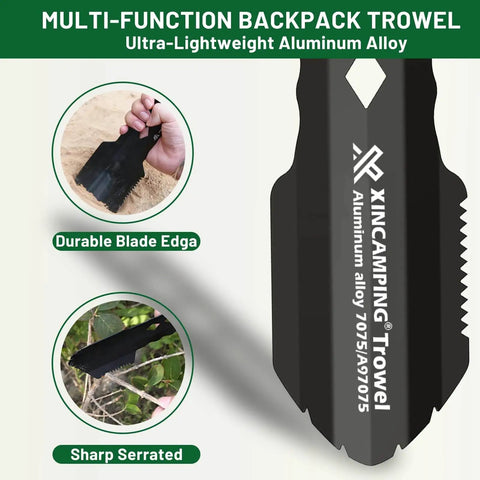Ultralight Backpacking Trowel With Longer Handle Aluminum Camping Shovel for hiking and survival, showcasing serrated edge and logo.