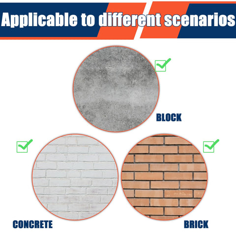Illustration showing 50 Pack Half Inch By Four Inch Concrete Screws Heavy Duty Galvanized Anchors For Masonry Brick Block Decking usage on concrete, brick, and block surfaces.