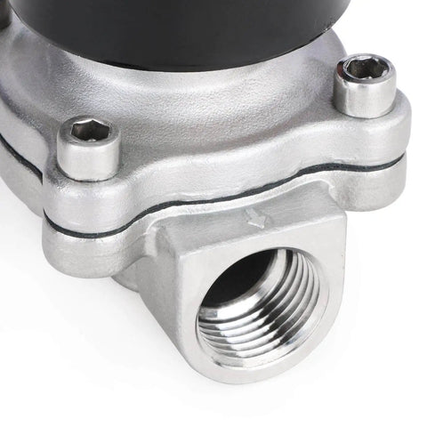 Close-up of 3/4 Inch Stainless Steel Electric Solenoid Valve 12V DC NC For Air Water Fuel With Viton Seals, corrosion resistant body