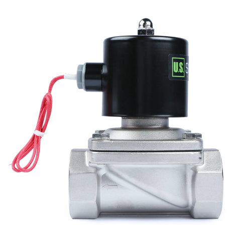 U.S. Solid 1-1/2 in solenoid valve, 12V DC, stainless steel body with black coil and red leads
