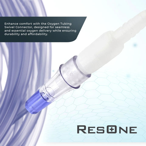 ResOne oxygen tubing swivel connector, 360-degree rotation, clear plastic with blue end, 5-pack, for cannula/hose.