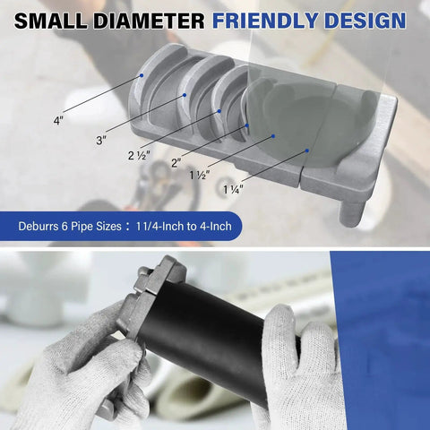 Deburring Tool For Plastic Pipe And PVC Reamer With Sharp Blade For Fast Chamfering On Six Pipe Sizes From One And A Quarter Inch To Four Inches Ideal For Diy Home Plumbing And Pros Who Want Precise Chamfers Every Time And Quick Deburring On PVC showing pipe holder and hand demonstration.