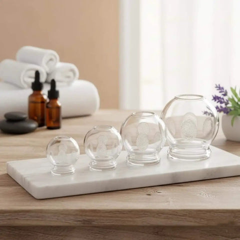 Deluxe 4 Piece Glass Cupping Set With Fire Cupping Jars Vacuum Therapy 4 Sizes And Handy Finger Grips on countertop