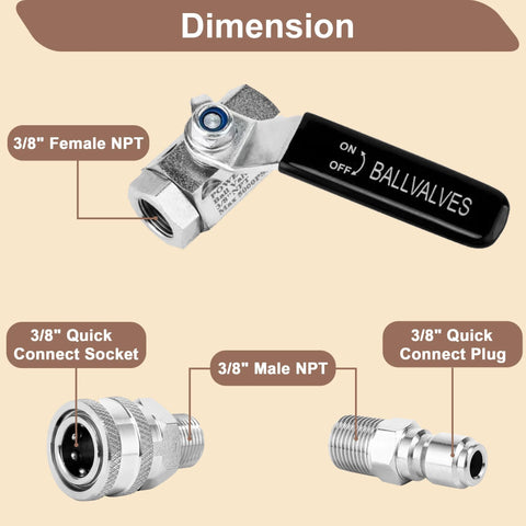 Power Town ball valve pressure washer with black lever and stainless body; 3/8 in quick-connect socket, male NPT, plug.