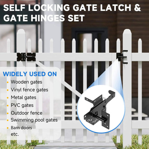 Pro Grade Self Closing Gate Hardware Kit With Heavy Duty Hinges And Latch For Wooden Vinyl PVC Fence Gates on white fence