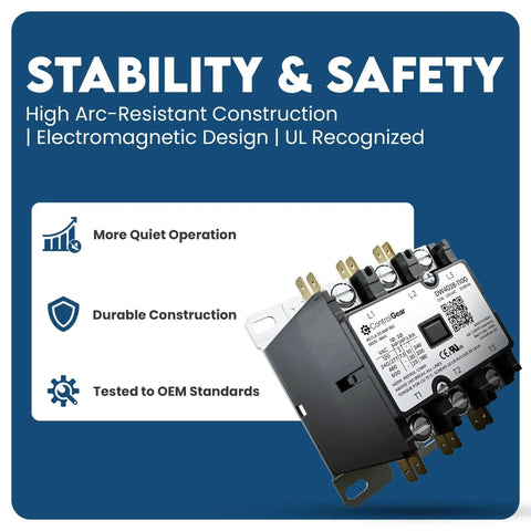 Three Pole Definite Purpose Contactor With 120V Coil, 40 Amp Beefy HVAC Control Relay For A2L Refrigerants, UL Recognized shown in packaging.