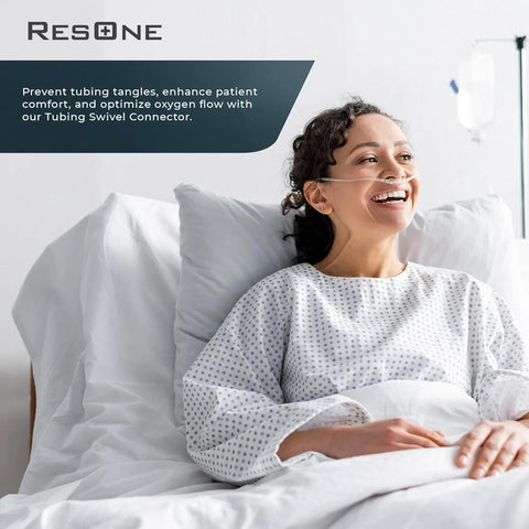 Oxygen tubing nasal cannula by ResOne on patient in a hospital bed.