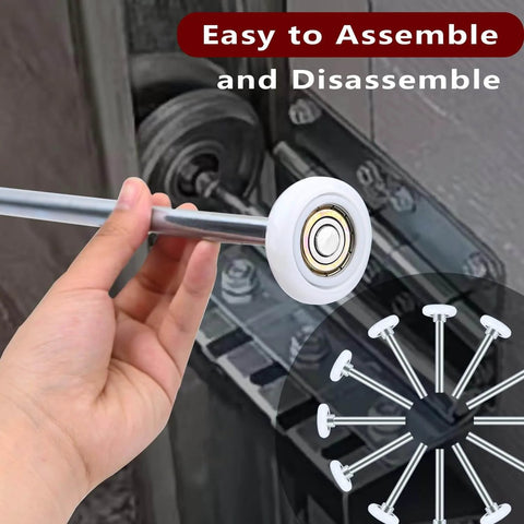 Close-up of hand holding 12 Pack 9 Inch Stem 2 Inch Modern White Nylon Garage Door Roller With 13 Ball Bearings against track