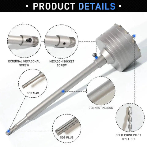 Detailed view of all in one 34 piece concrete hole saw kit for masonry drilling with SDS Plus and SDS Max shanks components.