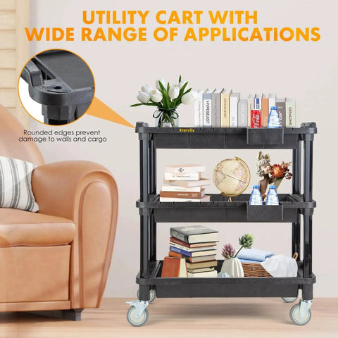 Multi Use Utility Cart With Three Deep Shelves Heavy Duty Service Cart Industrial Grade Tool Organizer, loaded with books and décor