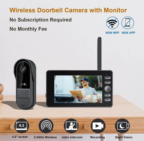 Wireless Video Doorbell With 4.3 Inch Screen And 170 Degree View No Subscription No WiFi No App IPX65 Weatherproof Door Camera