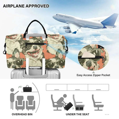 Dope Cool Dog Wear Sunglasses Travel Duffel Bag Gym Bag Sports Tote Weekender Overnight Bag for Women and Men shown on a suitcase.