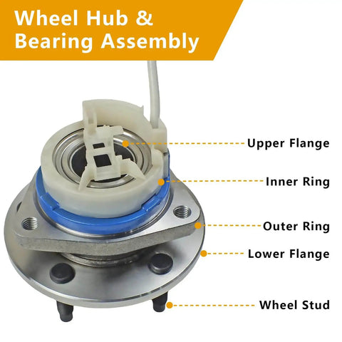 Diagram of 2pc Front & Rear Wheel Hub Bearing Assembly for 2000-2013 Chevy Impala with labeled flanges and rings.