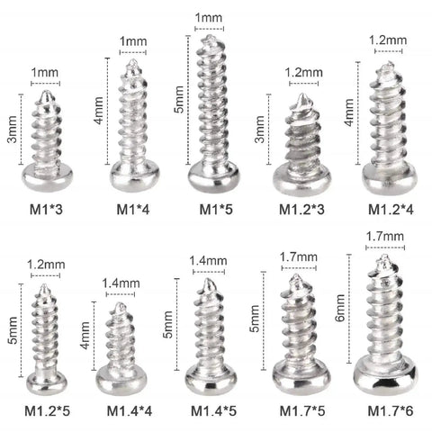1000 Piece Mini Screw Kit Set With Self Tapping Micro Screws In M1 To M1.7 Sizes Phillips Pan Head Nickel Plated