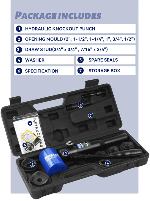 8 Ton Hydraulic Knockout Punch Kit For Half To Two Inch Conduit Built Like A Tank Includes Six Die Sets For Half Three Quarter One One And A Quarter One And A Half And Two Inch With 360 Degree Swivel Head Compatible With Greenlee Dies shown in open case with components