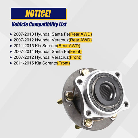 Two Piece Front And Rear Wheel Bearing And Hub Assembly 513266 For Hyundai Santa Fe Veracruz And Kia Sorento 2007 2018 2011 2015 With 5 Lug Bolts Without ABS compatibility notice