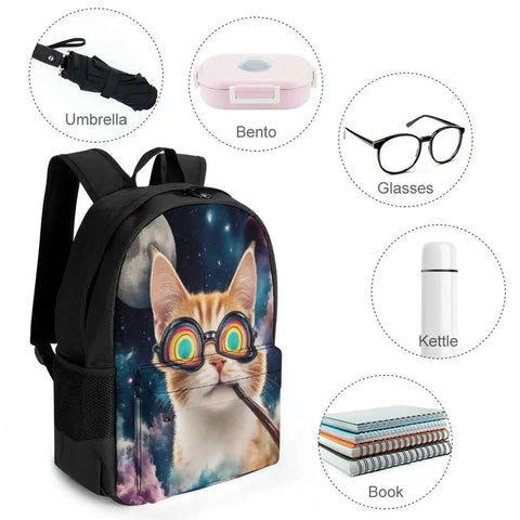 Unisex Laptop Backpack With Big Storage For Work And College Dope Galaxy Space Cat Sunglasses Theme; side view with accessories