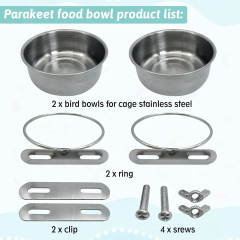 Stainless Steel Bird Bowl Set With Clamp Holder Food And Water Dishes For Parrots Cockatiels Pigeons Conures Budgies And African Greys Two Pack Durable Rust Resistant Easy Clean Cage Feeder Cups Crate Bowls