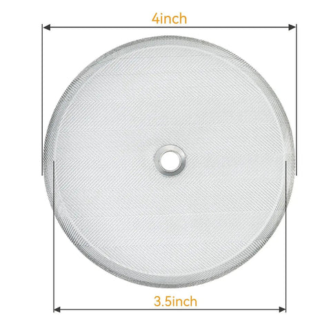 Front view of a stainless steel 4-inch French press filter screen disc with central hole.