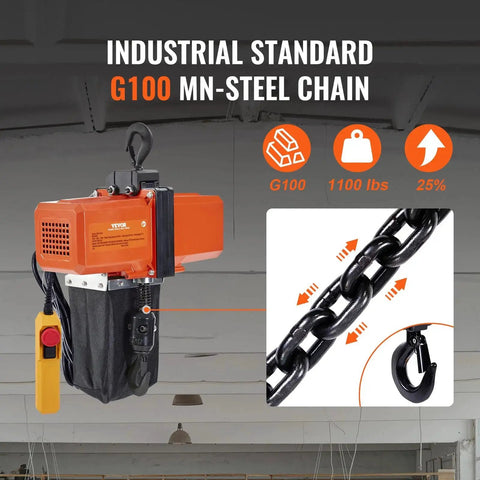 Electric Chain Hoist 1100 Lb Capacity 15 Ft Lift 120V Phase G100 Overhead with steel chain and controls