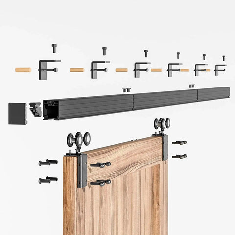 Five-Foot Box Rail Sliding Barn Door Hardware Kit with wall mount track, shown with heavy duty black steel construction components.
