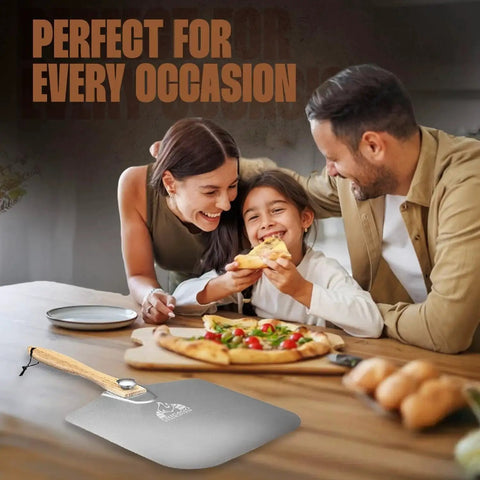 Foldable Aluminum Pizza Peel 12 By 14 Inch With Wooden Handle, 25 Inch Total Length Turning Spatula For Easy Oven Rotation on table