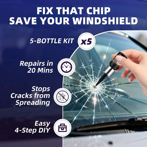 DIY Windshield Repair Kit for Chips and Cracks That Stops Spreading in Minutes Great for Bullseye and Star Break Auto Glass Repair Tool displayed with broken windshield.