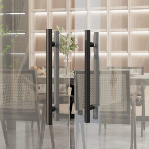 36-Inch Stainless Steel Push Pull Door Handle Black H Shape For Sliding Barn Doors And Commercial Heavy Duty Glass Showers SUS304 With Upgraded Three Pillar Mount displayed on a glass shower door