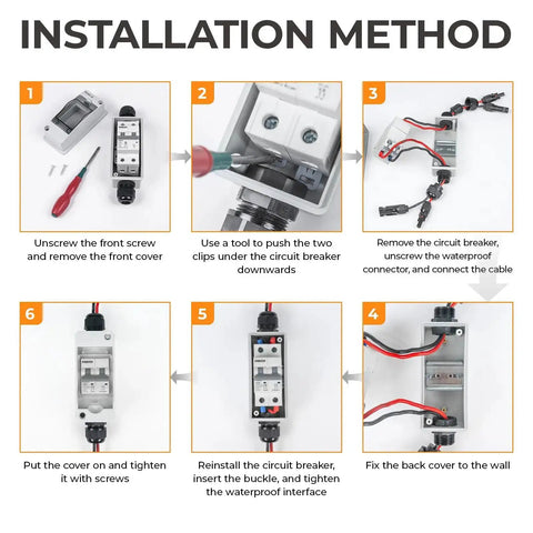 Installation guide for 40Amp 550V DC Solar Panel Disconnect Switch For Solar PV Homes Mini Circuit Breaker Box with steps and tools.