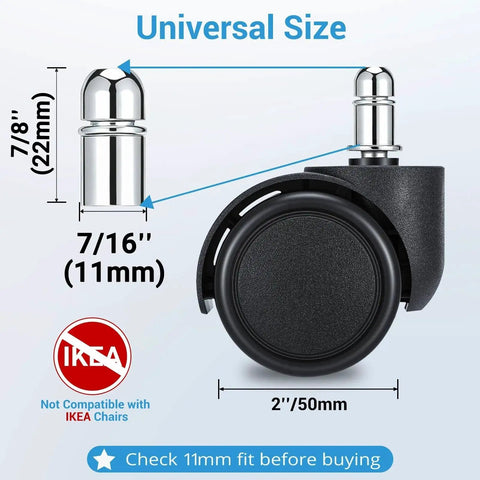 Universal size 2 inch office chair casters wheels set of 5 heavy duty quiet rubber wheels, 11mm stem fits 98 percent of chairs
