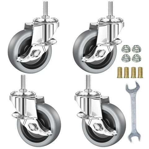 Four 3-inch stem caster wheels with locking brakes; soft rubber wheels; M8-1.25 threaded stems; hardware included