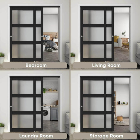 Sliding Closet Door Set With Frosted Glass, 72 Inch Wide By 80 Inch High, Double 37 Inch Panels in various room settings.