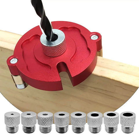 Pro Grade Auto Centering Dowel Jig with Aluminum Drill Guide and Eight Drill Bushings from 3mm to 10mm on wood board