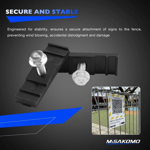 20 Piece Fence Sign Mount Kit For Chain Link Fences With Stainless Steel Brackets, clamps, fasteners, and bolts displayed against a fence.