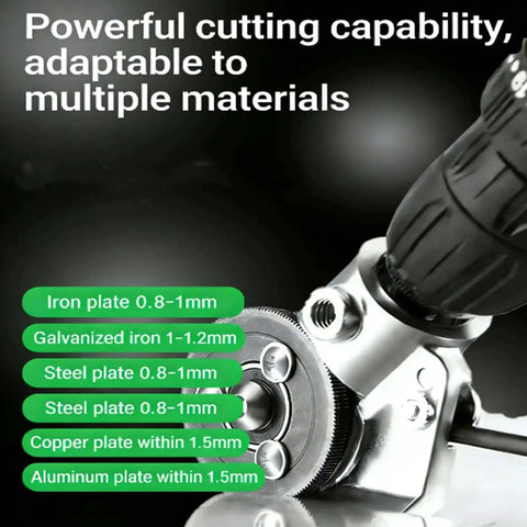 Close-up of Titanium Drill Nibbler Attachment for beast mode fast sheet metal cutting and vinyl slitting in action on various metals.