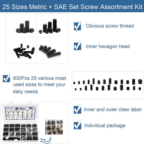 Powerhouse 830-Piece Set Screw Kit With 25 Sizes Metric And SAE Internal Hex Drive Cup Point Allen Screws, packaging view