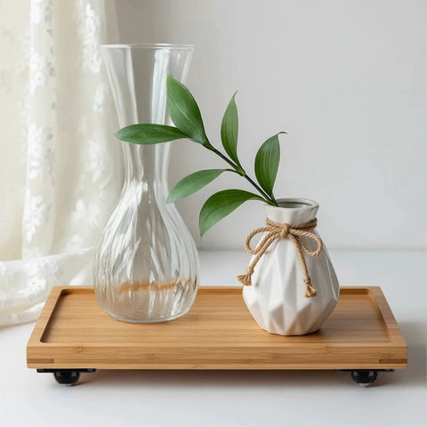 Glass and ceramic vases on tray with 16 Pcs Self Adhesive Mini Caster Wheels 360 Degree Swivel Ball Bearing Sliders underneath