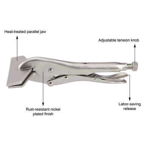 Side view of 10 Inch Locking Sheet Metal C Clamp for Fabrication and Welding, showing precision jaws and quick release gripper.